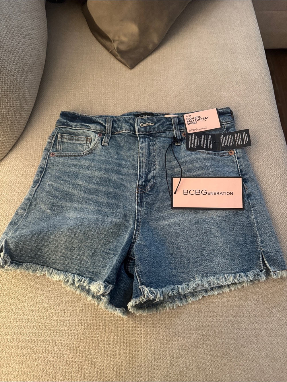 BCBGeneration Medium Blue Denim Frayed Hem Jean Shorts